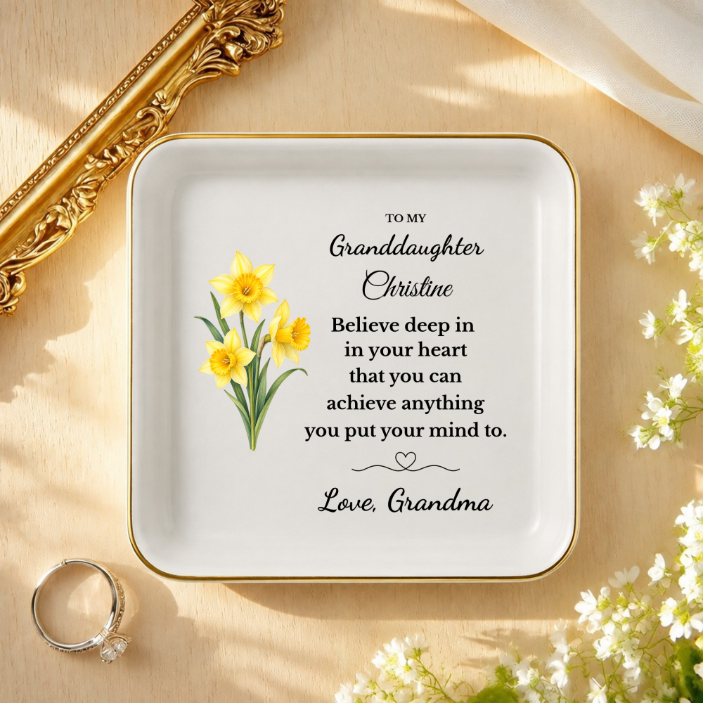 Personalized Daughter/ Granddaughter Jewelry Dish, Birth Flower Trinket Tray, Custom Name Inspirational Ceramic Ring Dish