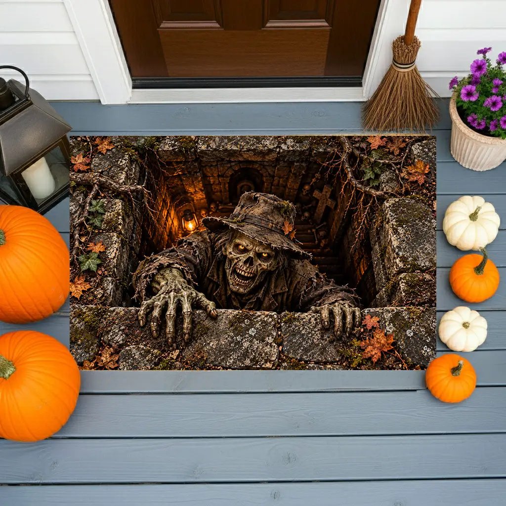 Undead Groundskeeper Halloween Doormat, 3D Zombie Optical Illusion Mat, Creepy Graveyard Door Mat, Haunted Crypt Halloween Decor