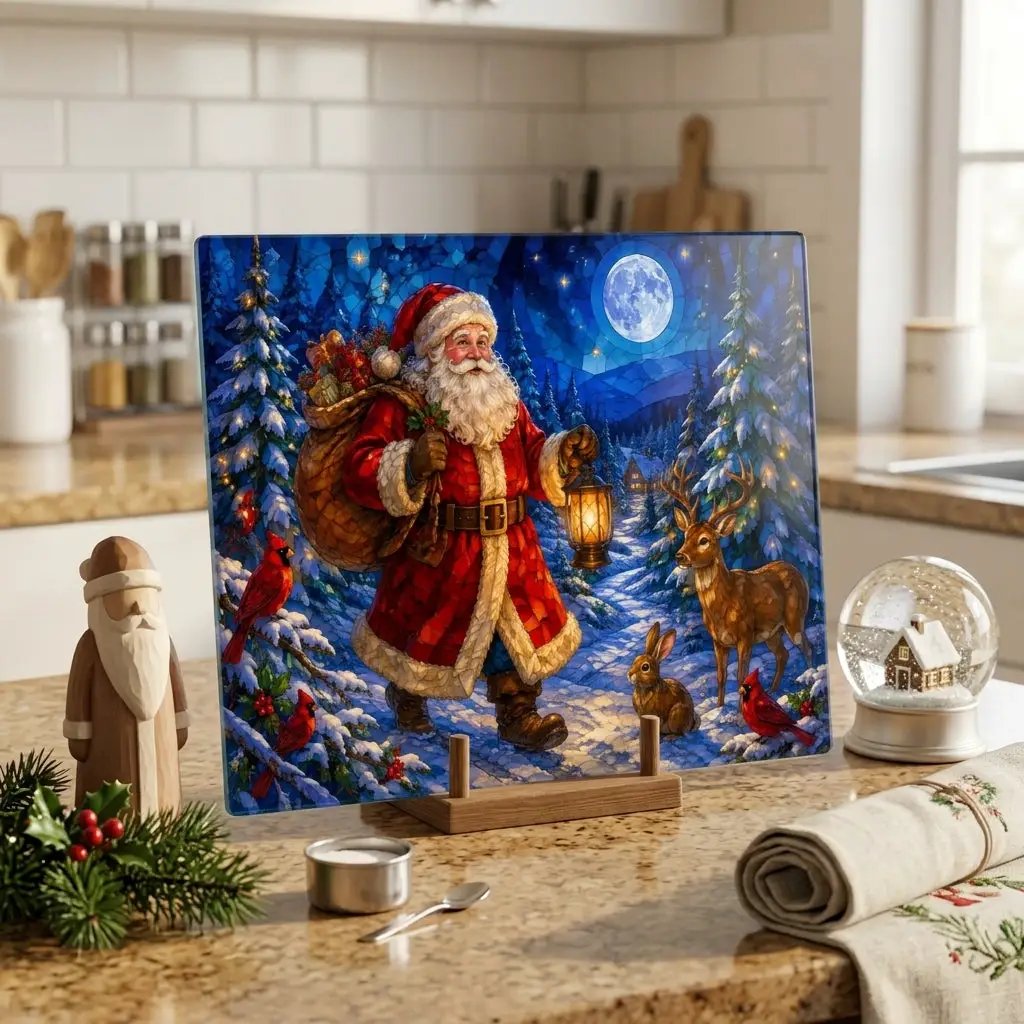 Santa Christmas Glass Cutting Board, Woodland Santa Kitchen Decor, Stained Glass Christmas Art, Cardinal Deer Holiday Gift
