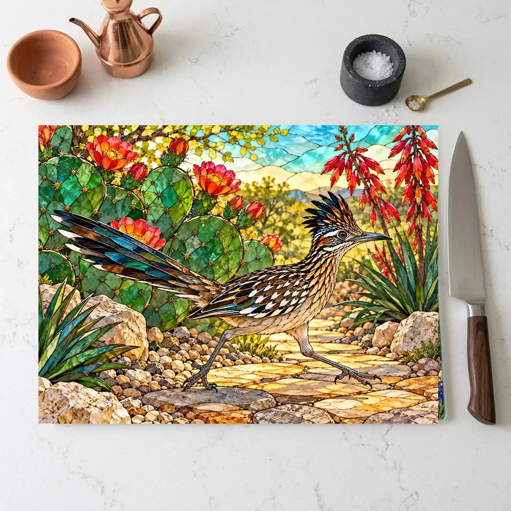 Roadrunner Glass Cutting Board, Desert Bird Kitchen Decor, Southwestern Cactus Chopping Board, Wildlife Lover Gift, Kitchen Counter Accent