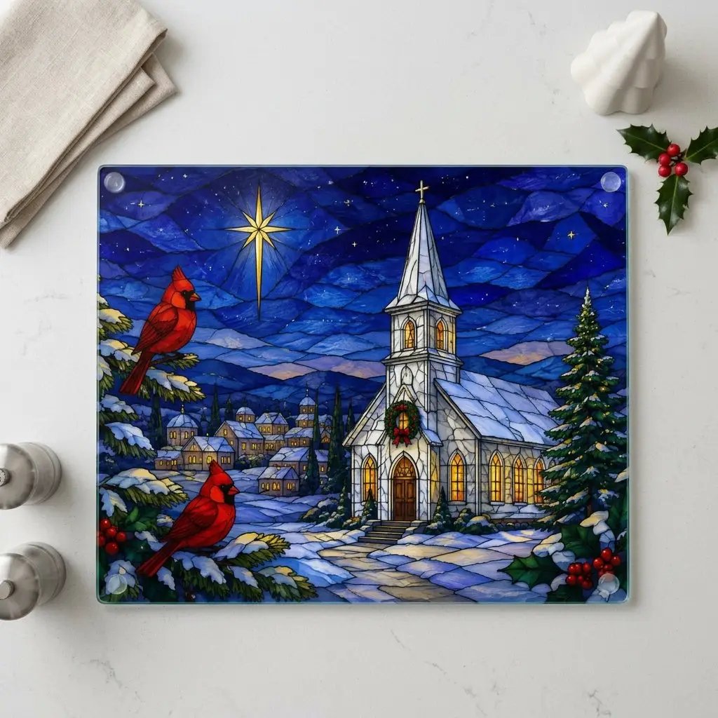 Christmas Church Glass Cutting Board, Cardinal Stained Glass Decor, Christian Christmas Kitchen Gift, Religious Holiday Decor