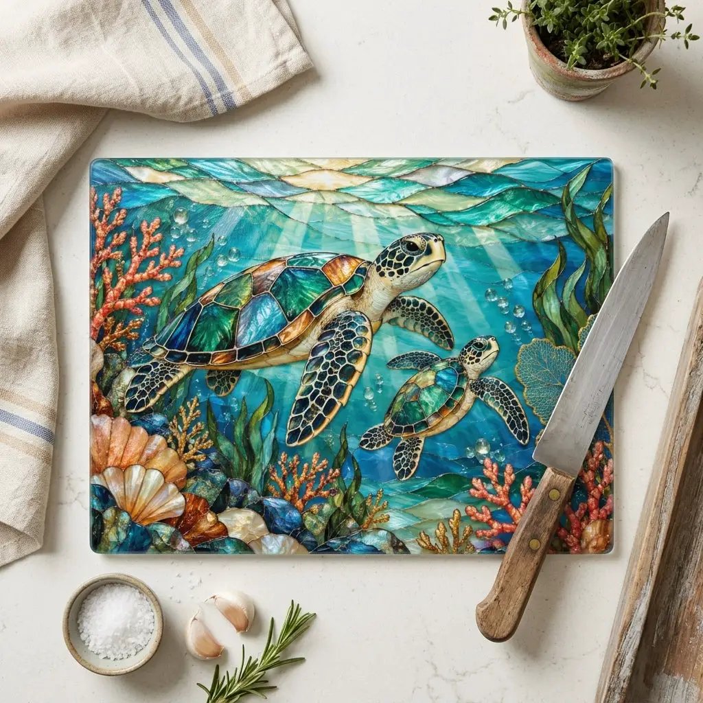 Sea Turtle Cutting Board, Ocean Kitchen Decor, Marine Life Glass Chopping Board, Coastal Sea Turtle Gift, Coral Reef Kitchen Art Piece