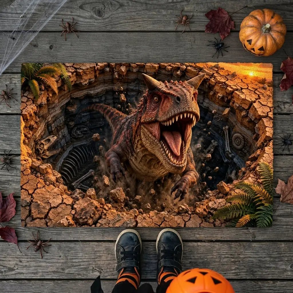 Carnotaurus 3D Optical Illusion Doormat, Dinosaur Fossil Pit Floor Mat, Prehistoric Dinosaur Door Mat, Dino Lover Gift
