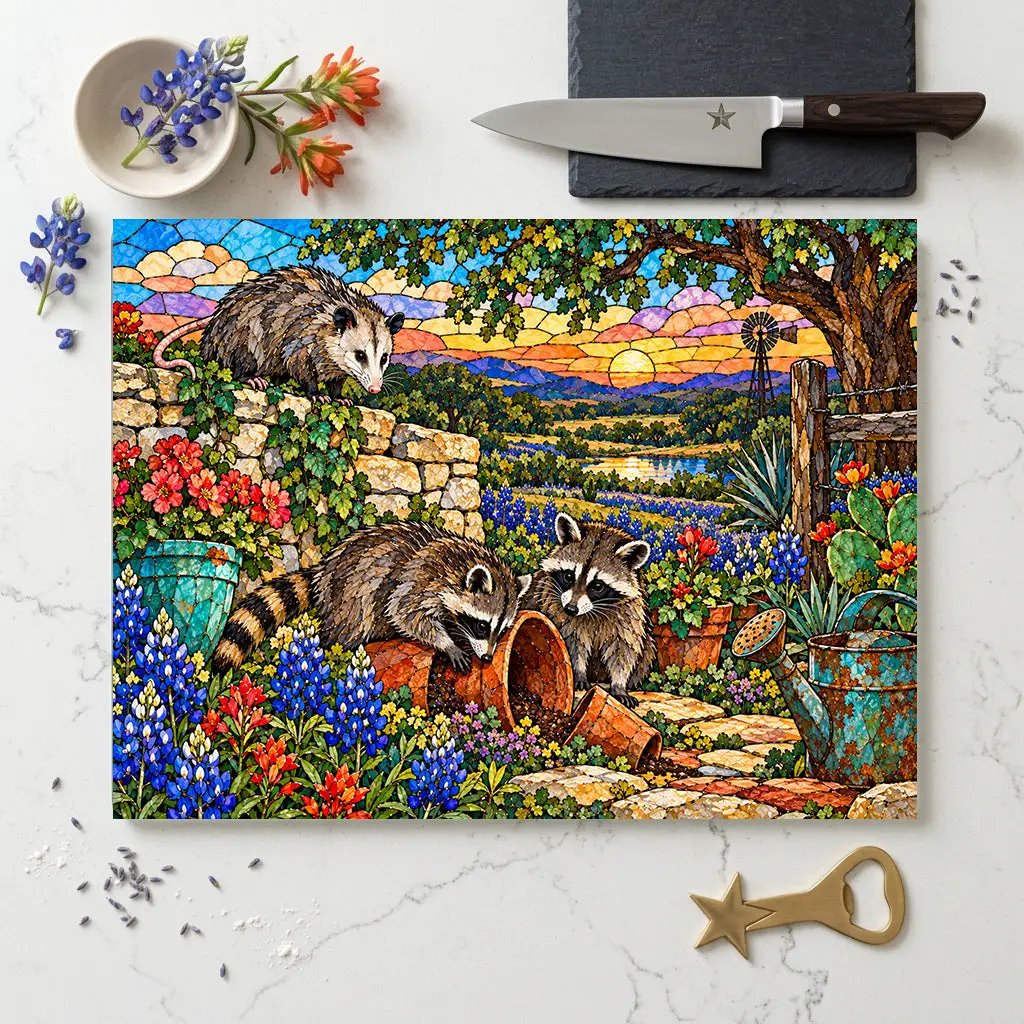 Mischief Opossum Glass Cutting Board, Texas Wildlife Kitchen Decor, Bluebonnet Possum Art, Funny Country Kitchen Gift, Texas Gift