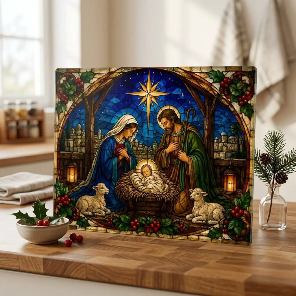 Nativity Glass Cutting Board, Christian Christmas Decor, Manger Scene Cutting Board, Religious Christmas Gift, Stained Glass Nativity