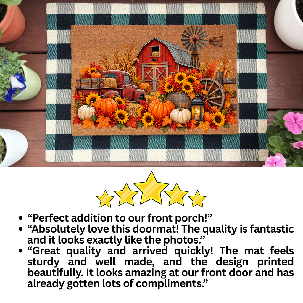 Fall Farmhouse Doormat, Country Barn Coir Mat, Pumpkin Harvest Welcome Mat, Rustic Autumn Porch Decor, Farmhouse Fall Door Mat