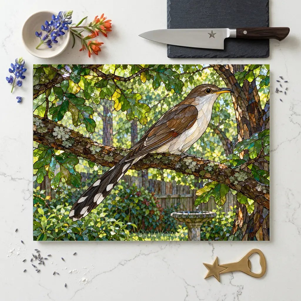 Yellow Billed Cuckoo Glass Cutting Board, Backyard Bird Kitchen Decor, Birdwatcher Gift, Bird Lover Gift, Woodland Serving Board