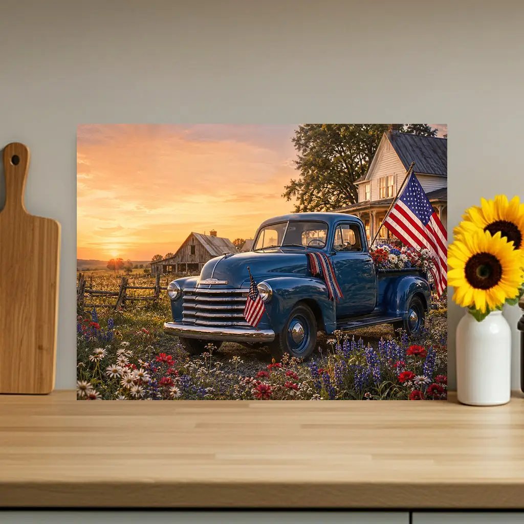 Blue Vintage Truck Glass Cutting Board, Patriotic Americana Farmhouse Kitchen Decor, Red White Blue Country Gift