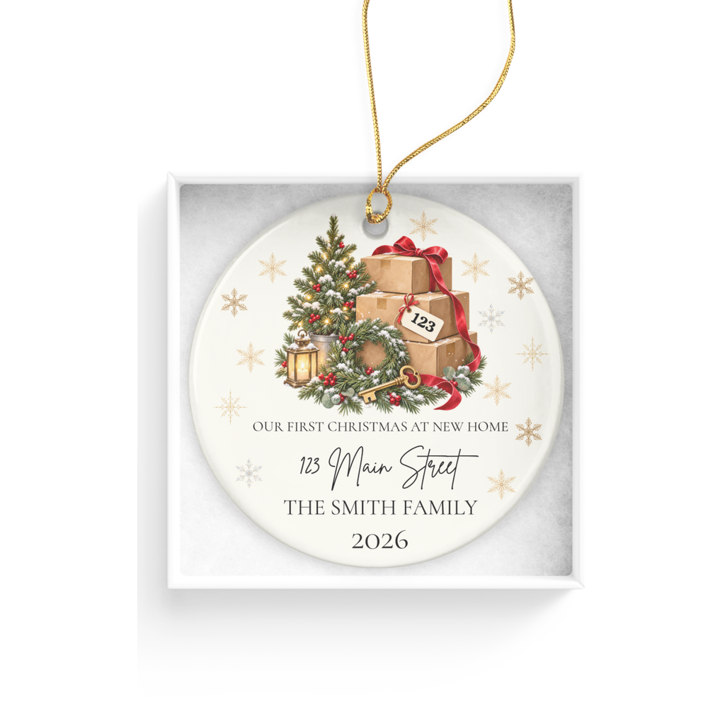 Personalized First Christmas in New Home Ornament, Custom Address Christmas Decoration, Moving Boxes Ornament, New Homeowner Housewarming Gift