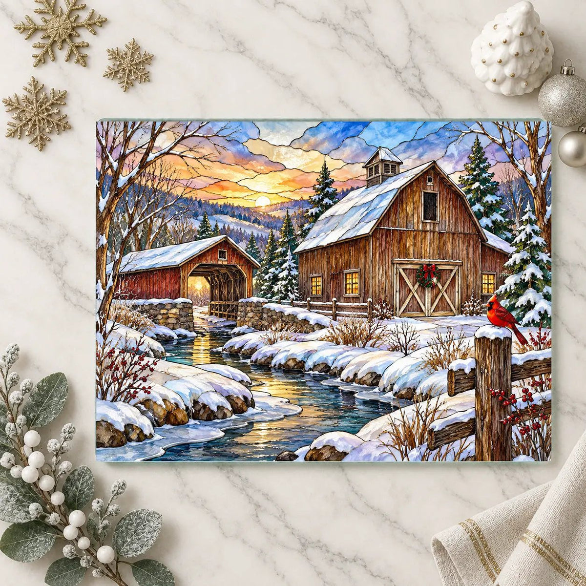 Cardinal Creek Winter Barn Glass Cutting Board, Red Cardinal Farmhouse Kitchen Decor, Country Christmas Gift