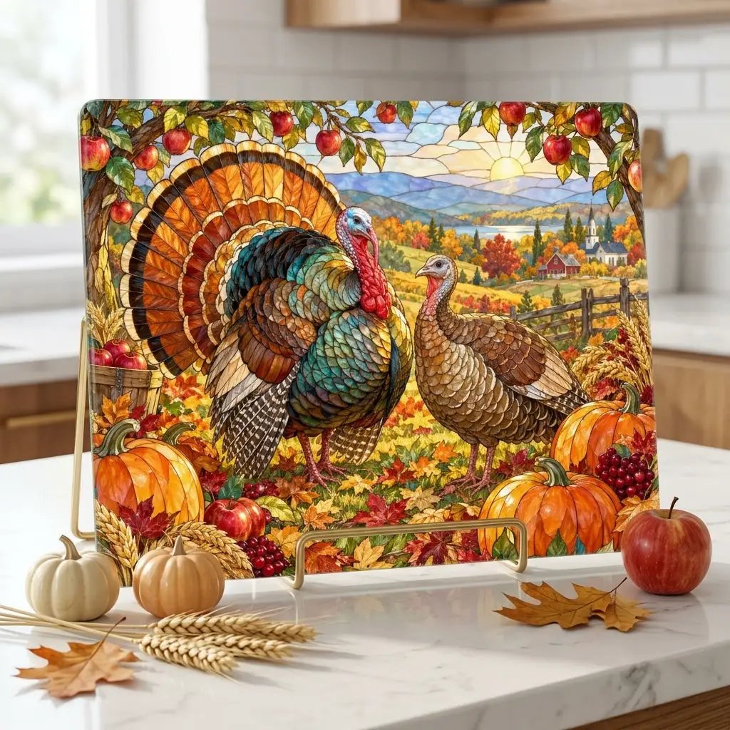 Thanksgiving Turkey Glass Cutting Board, Stained Glass Turkey Kitchen Decor, Fall Harvest Chopping Board, Thanksgiving Gift