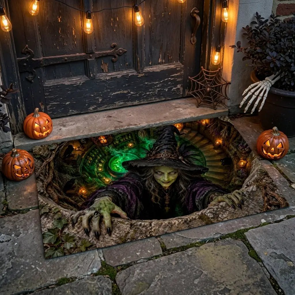 Witch Doormat, Halloween 3D Optical Illusion Door Mat, Witch Apothecary Cellar Welcome Mat, Spooky Porch Decor, Haunted House Entrance