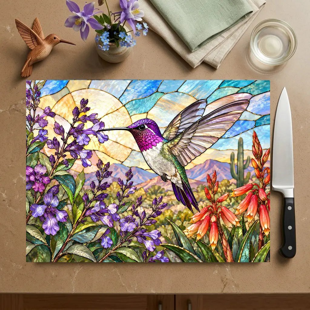 Hummingbird Cutting Board, Stained Glass Hummingbird Decor, Desert Wildflower Kitchen Decor, Bird Lover Gift, Southwest Decor