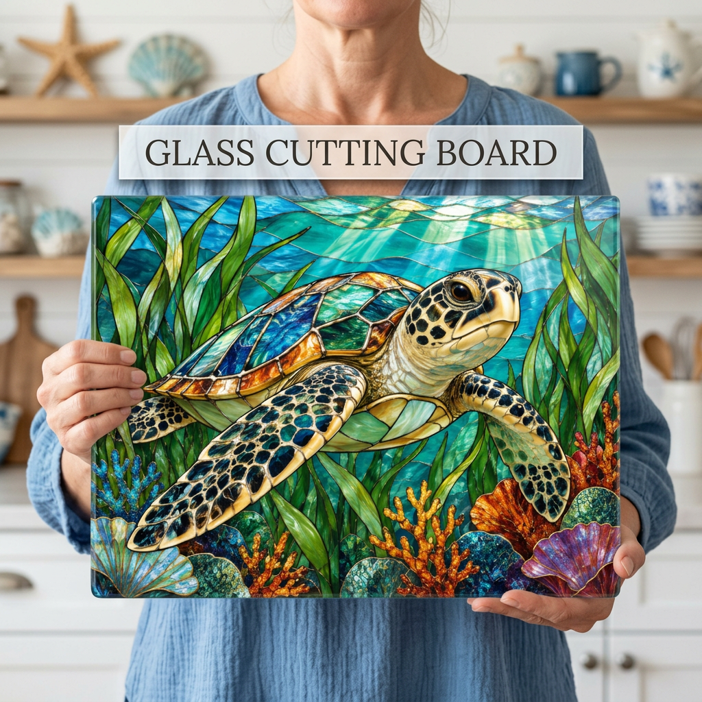 Sea Turtle Glass Cutting Board, Ocean Kitchen Decor, Marine Life Chopping Board, Coastal Cooking Gift, Underwater Turtle Artwork, Coral Reef