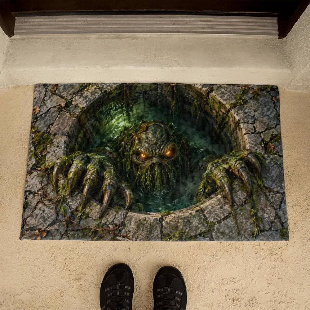 Swamp Monster 3D Optical Illusion Doormat, Creepy Sewer Monster Floor Mat, Scary Halloween Door Mat, Horror Home Decor
