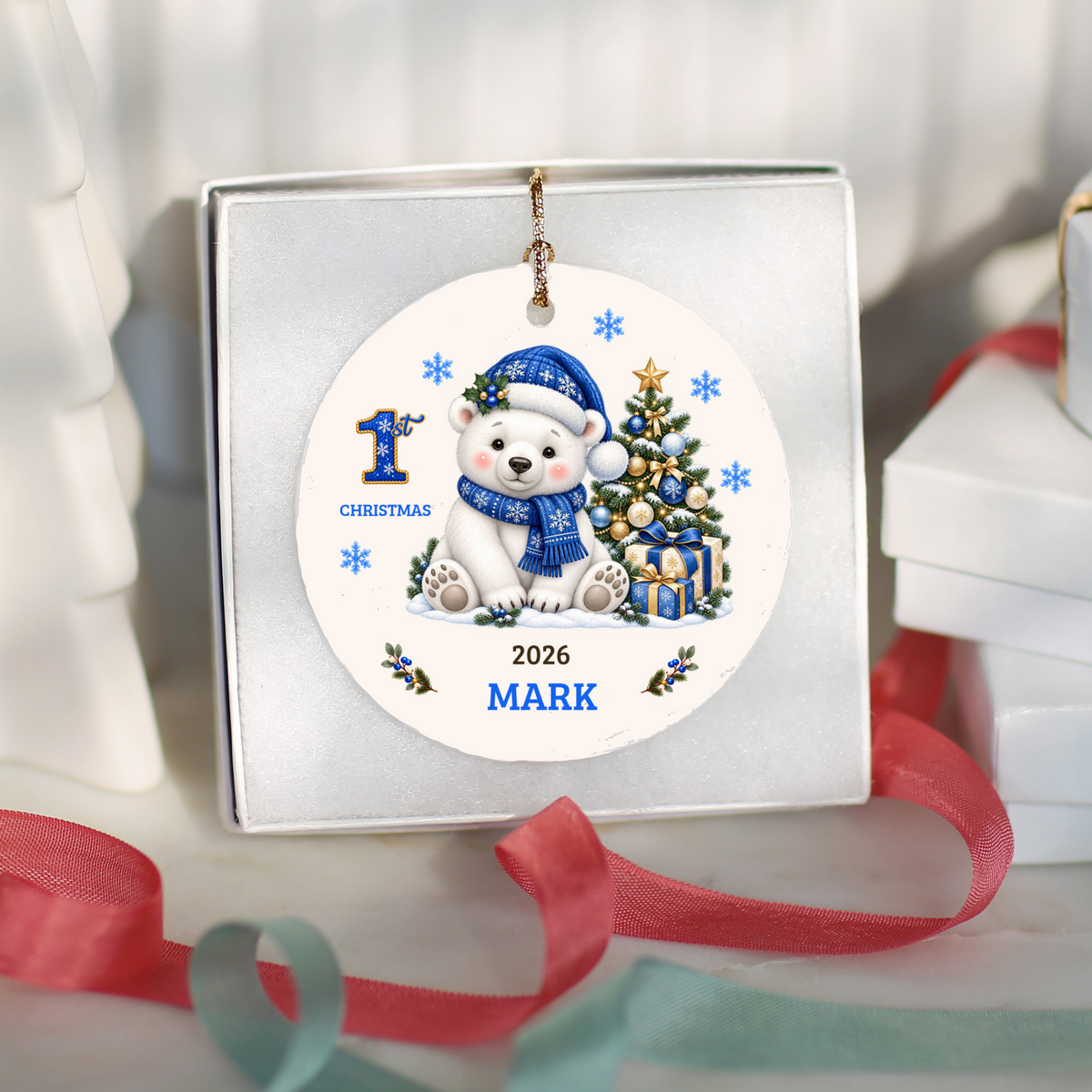 Personalized Baby Polar Bear Christmas Ornament, Baby's First Christmas, 1st–10th Christmas Keepsake, Custom Name and Year, Pink or Blue