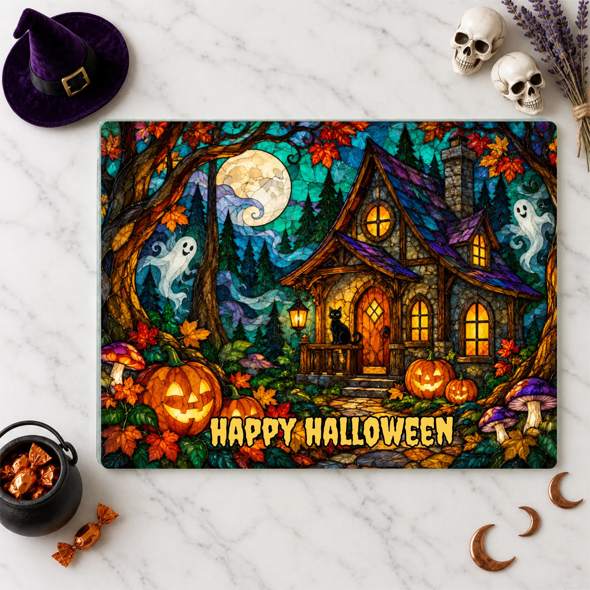 Halloween Haunted House Personalized Glass Cutting Board, Spooky Cottage Glass Kitchen Decor