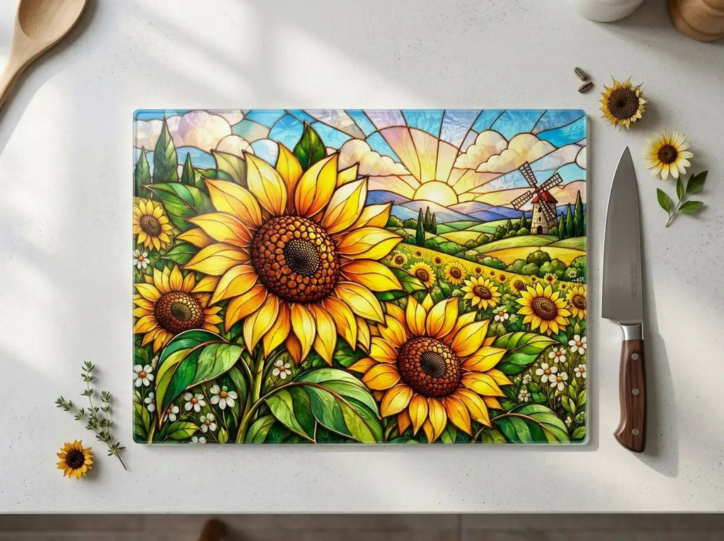Sunflower Glass Cutting Board, Windmill Kitchen Decor, Sunflower Meadow Cutting Board, Country Floral Gift, Stained Glass Kitchen Art