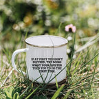 Funny Quilter Camper Mug – “Do What Your Quilter Told You” – 12oz Enamel Coffee Cup for Sewing Enthusiasts