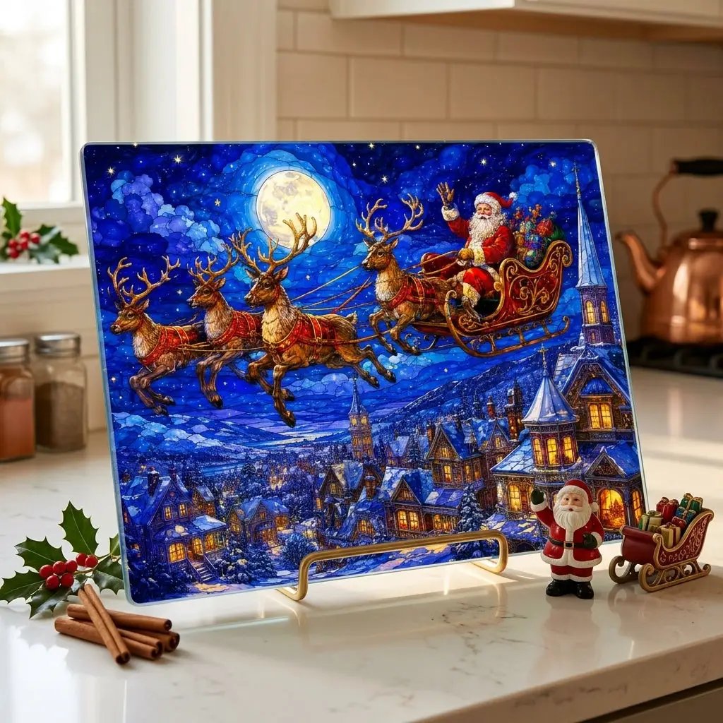 Santa Sleigh Glass Cutting Board, Reindeer Christmas Kitchen Decor, Christmas Eve Serving Board, Stained Glass Santa Gift, Holiday Decor