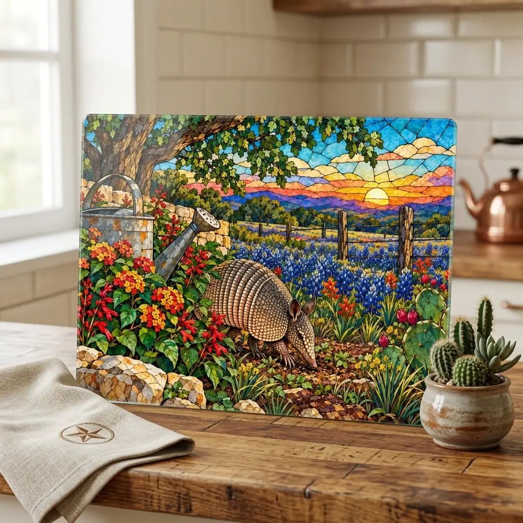 Texas Armadillo Glass Cutting Board, Bluebonnet Kitchen Decor, Stained Glass Style Texas Wildlife Gift, Country Garden Housewarming Gift