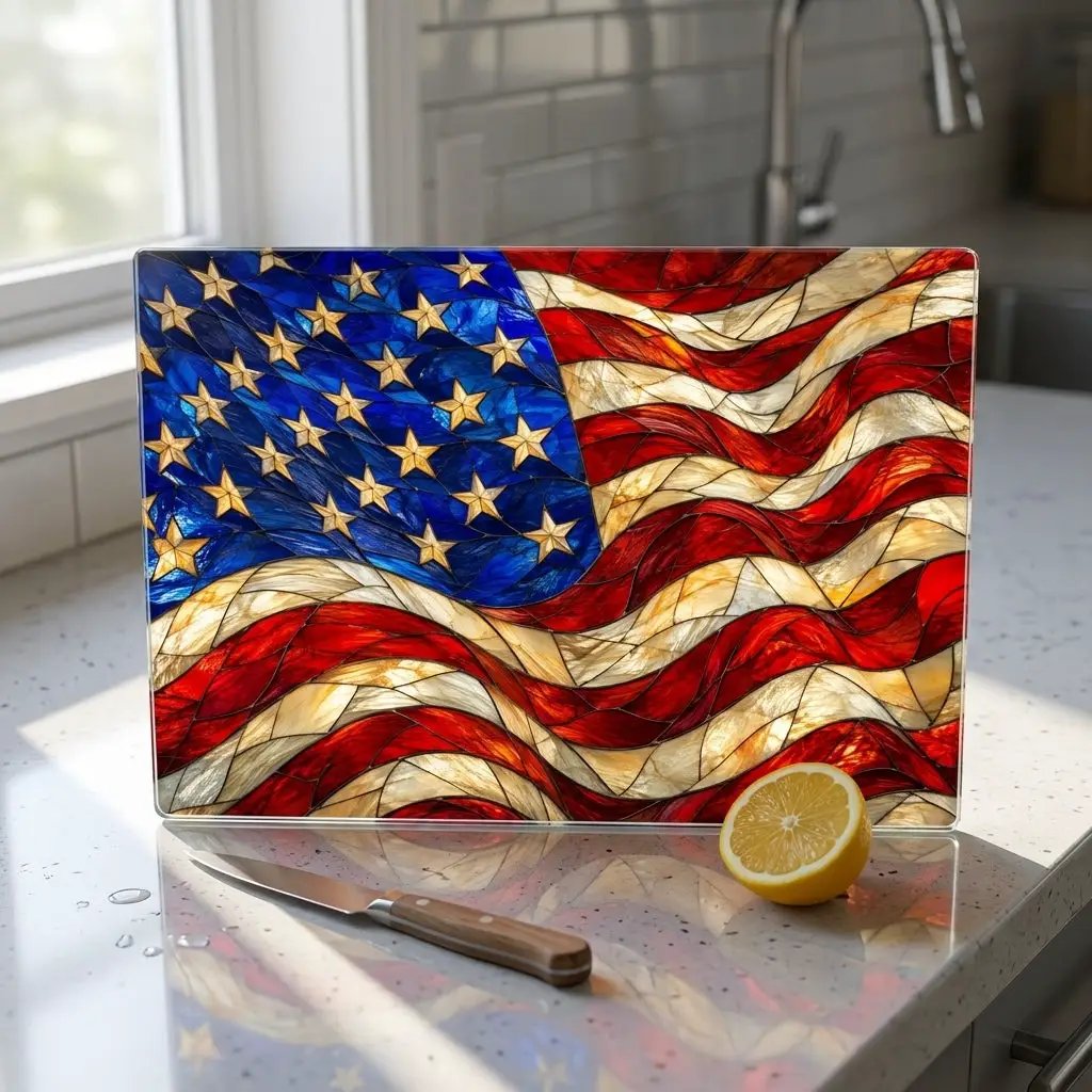 American Patriotic Flag Glass Cutting Board, Stained Glass Style USA Flag, Americana Kitchen Decor, Patriotic Gift