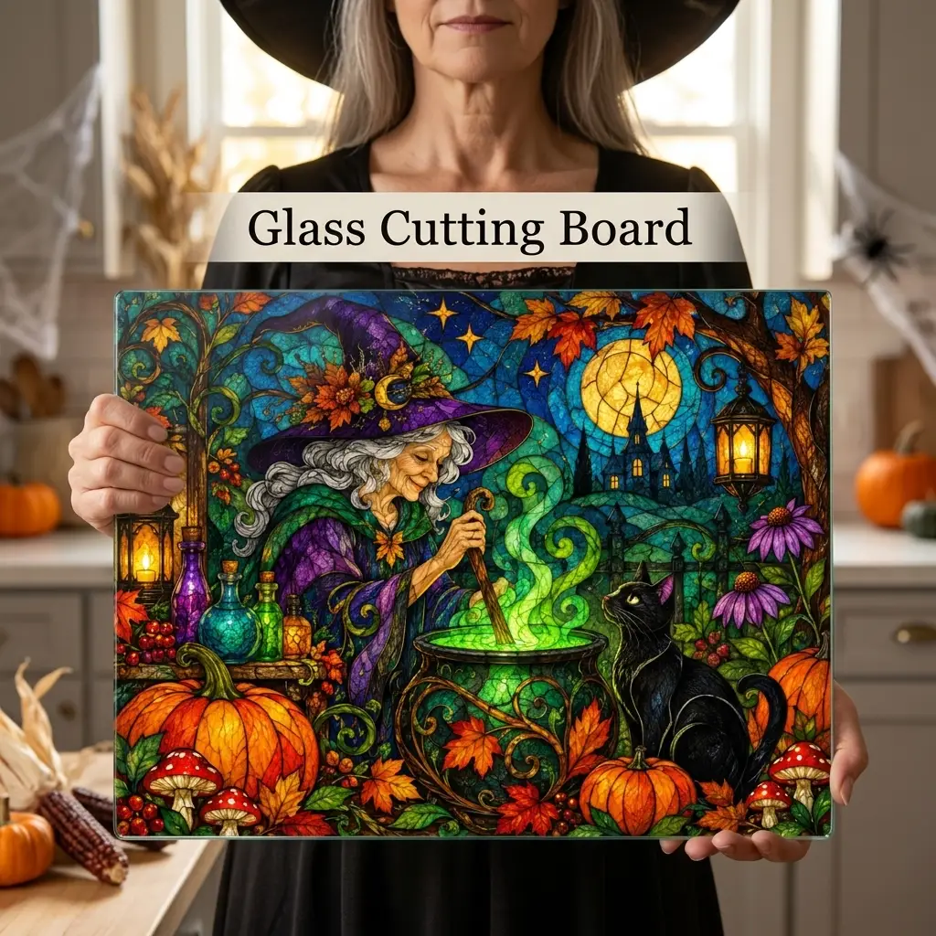 Halloween Witch Cauldron Personalized Glass Cutting Board, Spooky Black Cat Kitchen Decor
