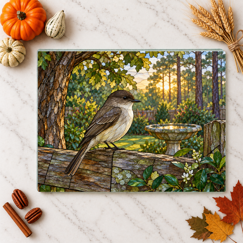 Eastern Phoebe Glass Cutting Board, Backyard Bird Kitchen Decor, Birdwatcher Gift, Bird Lover Gift, Nature Inspired Serving Board