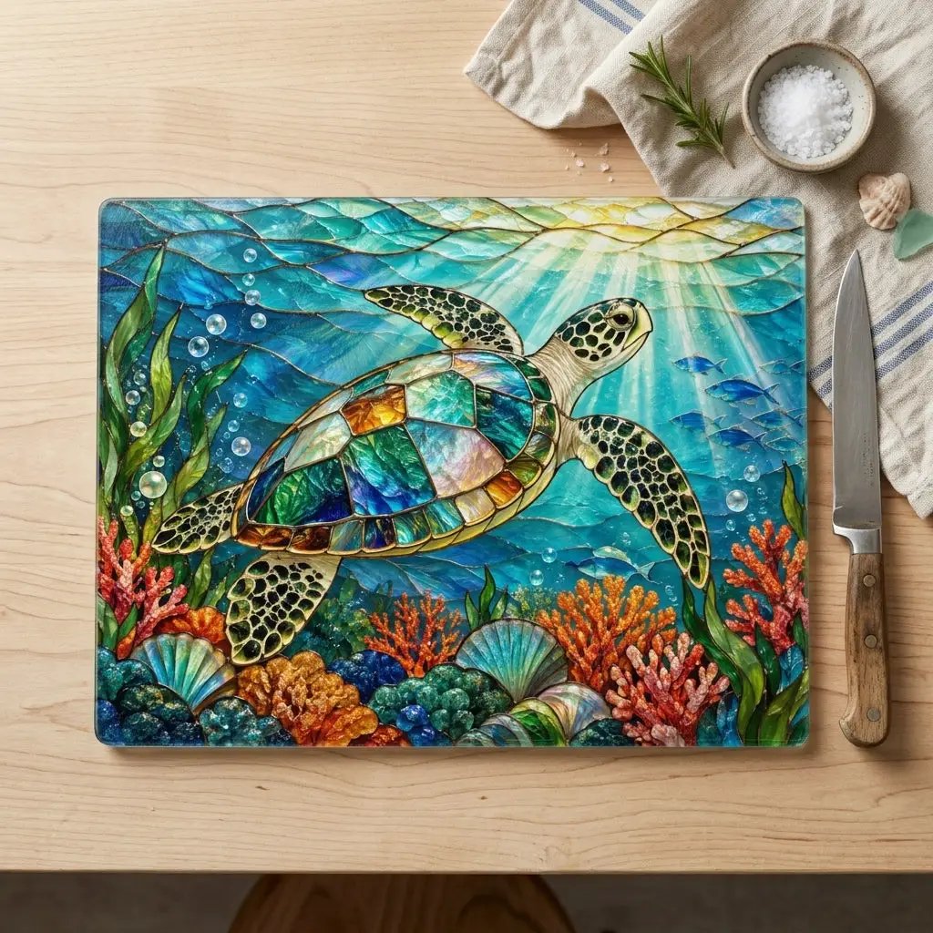 Sea Turtle Glass Cutting Board, Ocean Kitchen Decor, Marine Life Serving Board, Coastal Home Gift, Underwater Art Kitchen Accessory