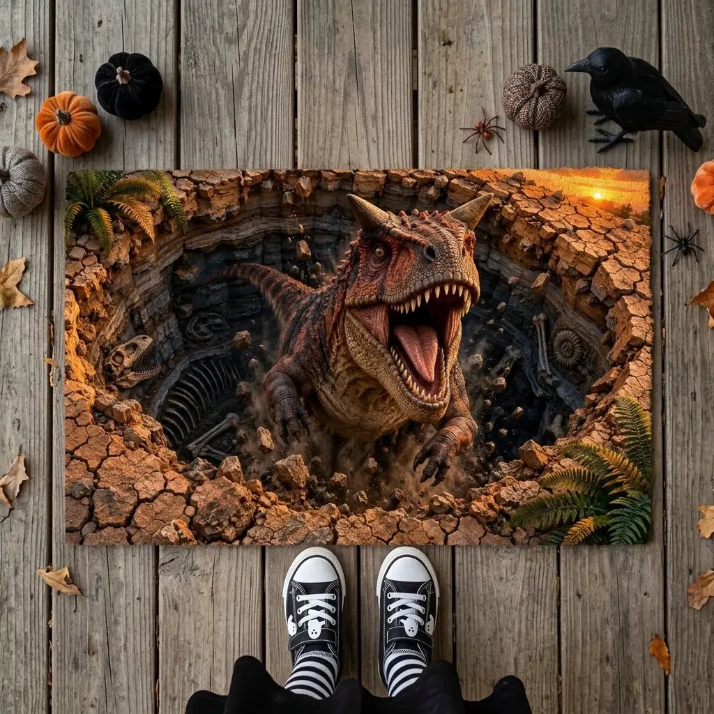 Carnotaurus 3D Optical Illusion Doormat, Dinosaur Fossil Pit Floor Mat, Prehistoric Dinosaur Door Mat, Dino Lover Gift