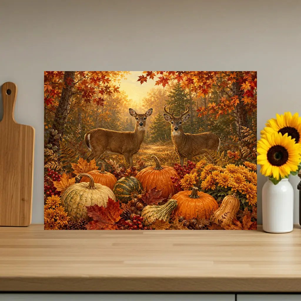 Deer Fall Glass Cutting Board, Rustic Woodland Kitchen Decor, Autumn Pumpkin Cutting Board, Hunter Cabin Gift