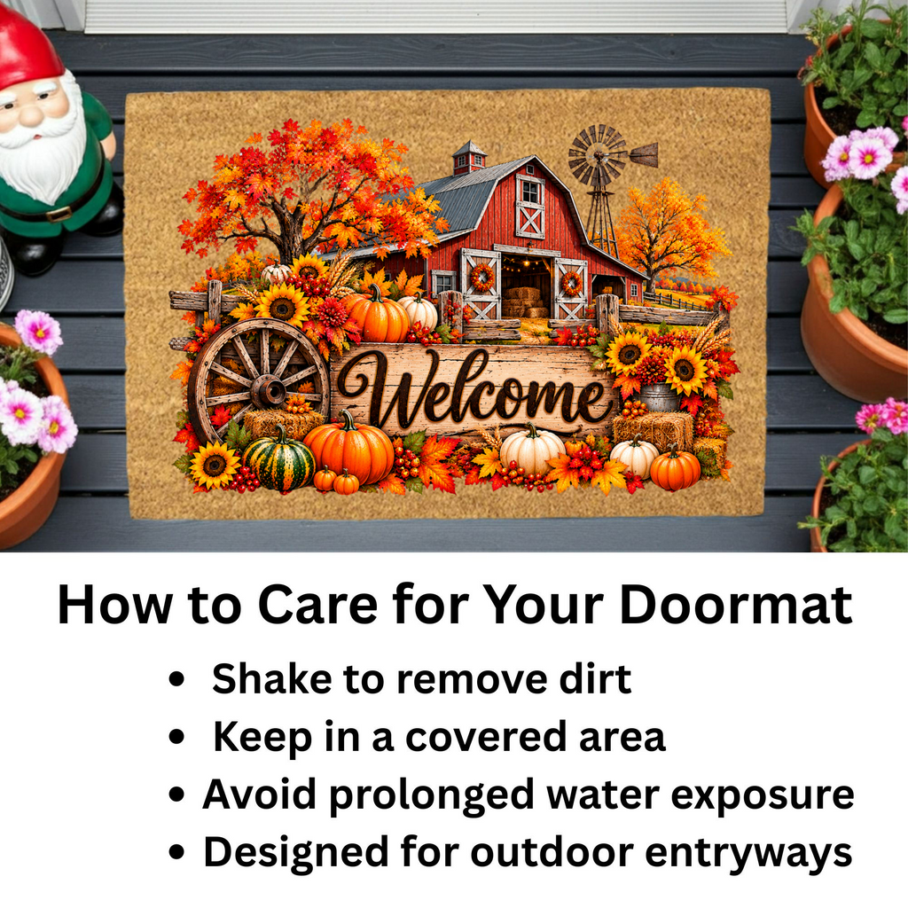 Fall Barn Welcome Doormat, Country Farmhouse Coir Mat, Autumn Pumpkin Door Mat, Harvest Porch Decor, Rustic Thanksgiving Welcome Mat