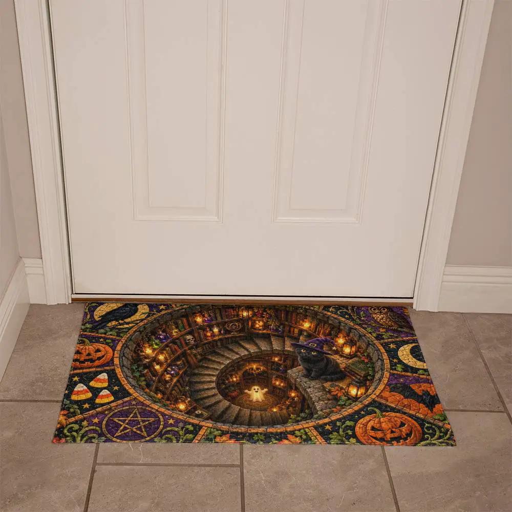Black Cat 3D Halloween Doormat, Witchy Spiral Staircase Door Mat, Spooky Cat Welcome Mat, Pumpkin Halloween Porch Decor