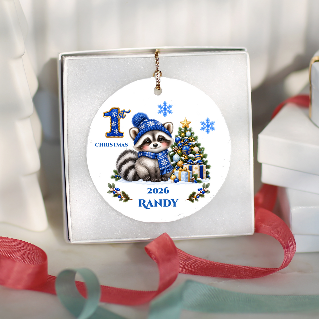 Raccoon Holiday Decor, Baby's First, Second, Third Christmas Ornament, Holiday Decor, Ceramic Tree Decoration 3 Inch