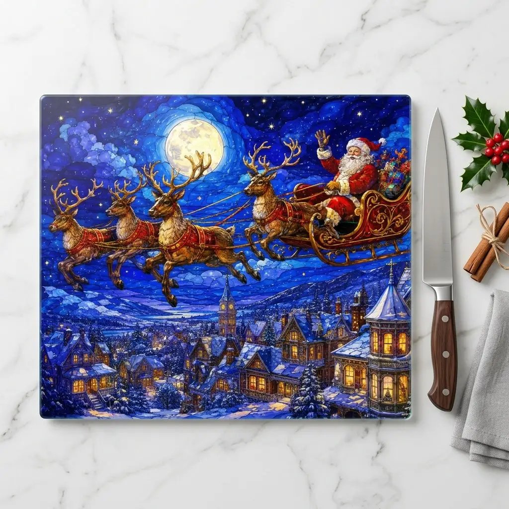 Santa Sleigh Glass Cutting Board, Reindeer Christmas Kitchen Decor, Christmas Eve Serving Board, Stained Glass Santa Gift, Holiday Decor