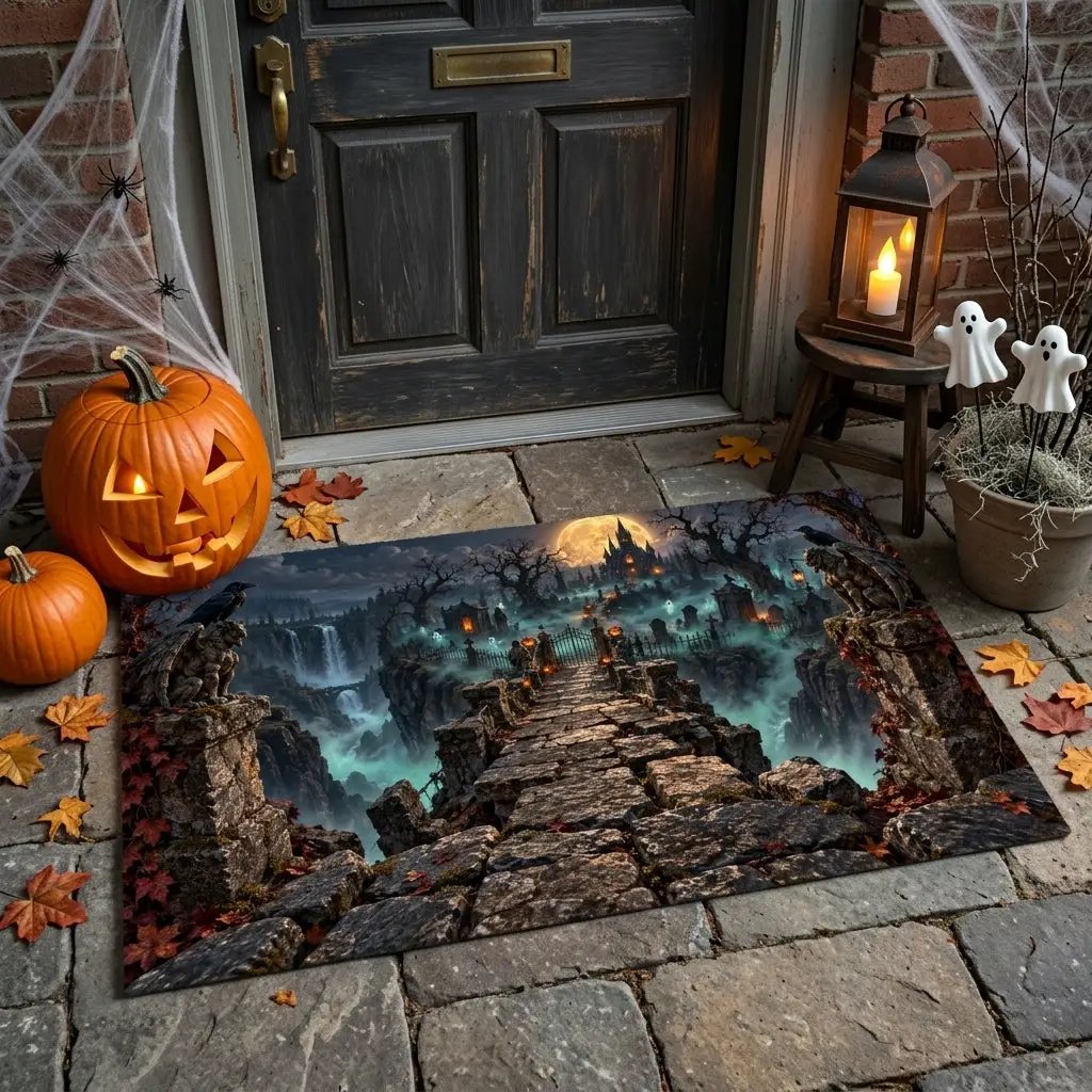 Haunted Graveyard 3D Doormat, Spooky Halloween Door Mat, Gothic Cemetery Welcome Mat, Haunted Castle Halloween Porch Decor