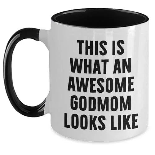 This Is What an Awesome Godmom Looks Like – Funny Two-Tone Ceramic Coffee Mug Gift for Godmothers, Cute and Bold Present from Godchild for Birthday, Mother’s Day, or Just Because