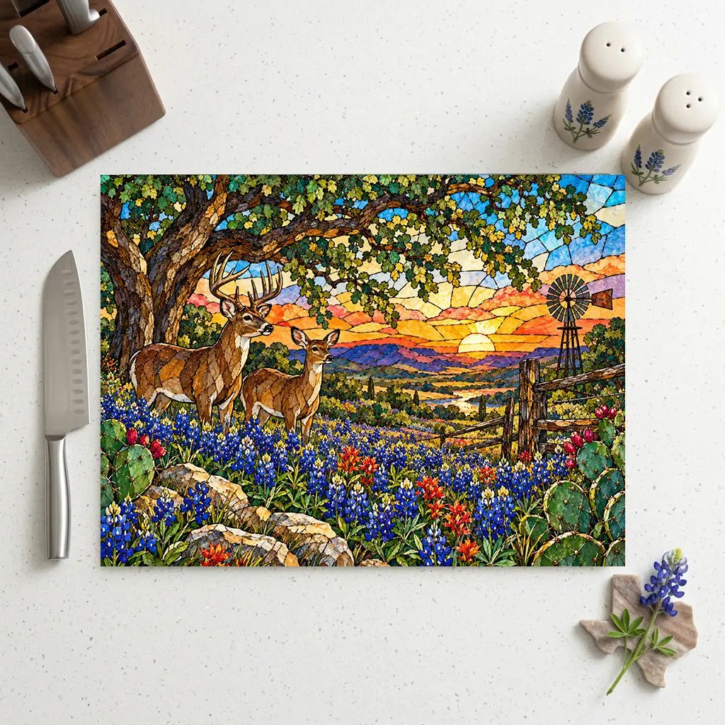 White Tailed Deer Glass Cutting Board, Texas Bluebonnet Kitchen Decor, Whitetail Buck Gift, Western Wildlife Art, Ranch House Decor