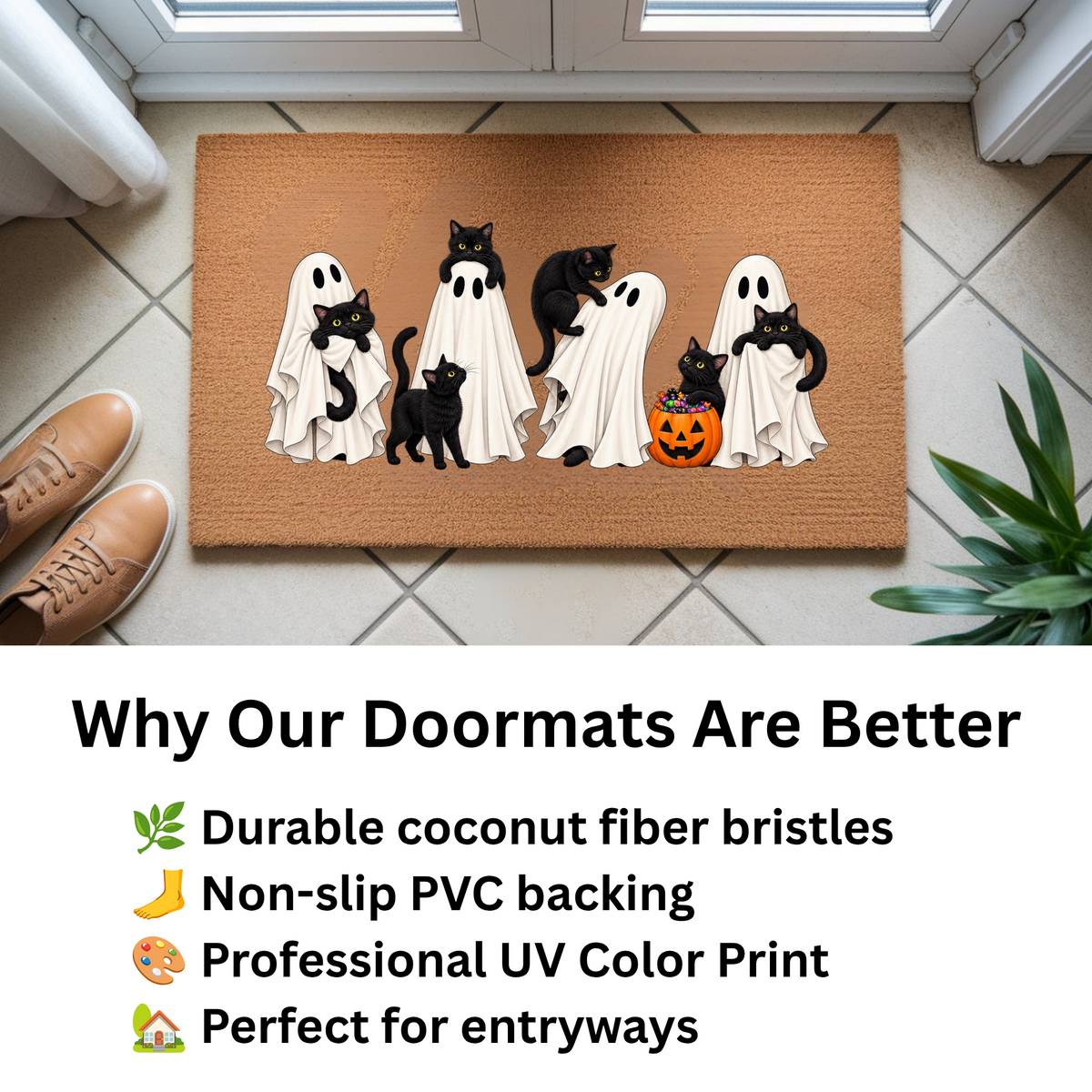 Halloween Black Cat Doormat, Cute Ghost Welcome Mat, Funny Cat Halloween Decor, Spooky Fall Porch Decor, Cat Lover Gift, Coir Door Mat