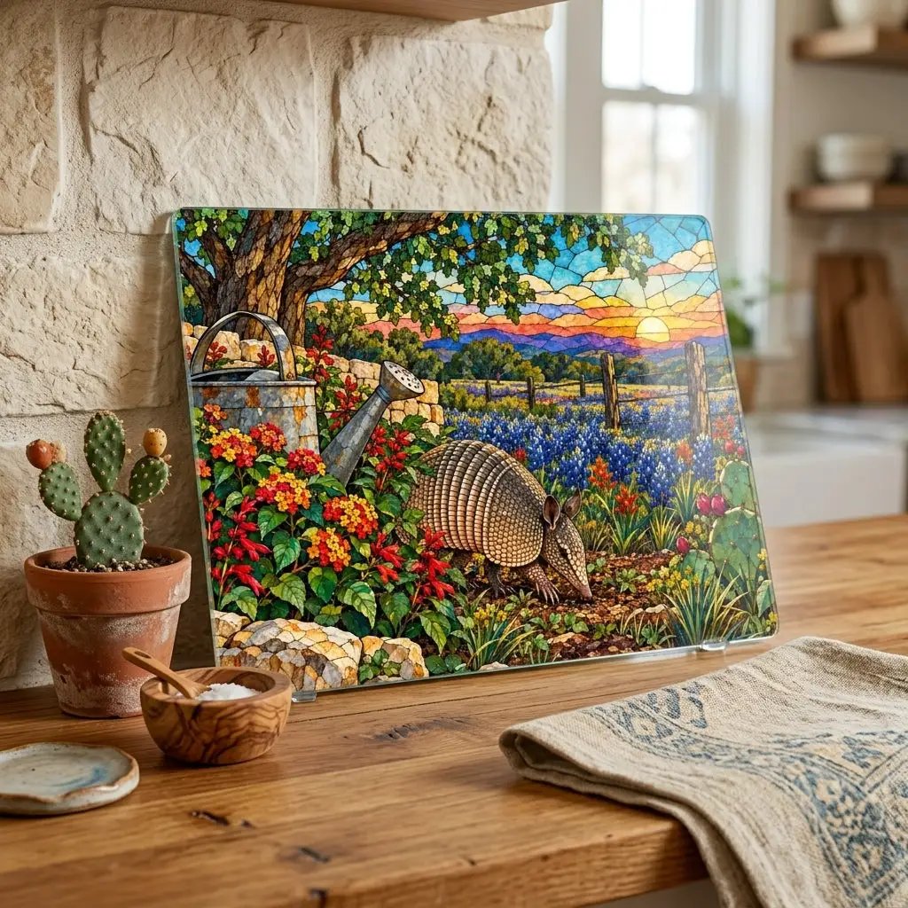 Texas Armadillo Glass Cutting Board, Bluebonnet Kitchen Decor, Stained Glass Style Texas Wildlife Gift, Country Garden Housewarming Gift