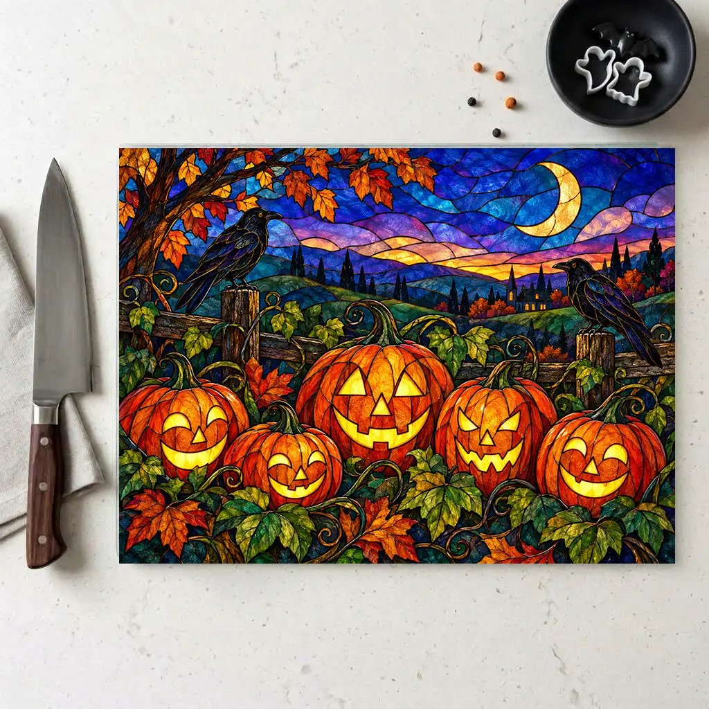Halloween Black Witch Cat Personalized Glass Cutting Board, Spooky Pumpkin Kitchen Decor