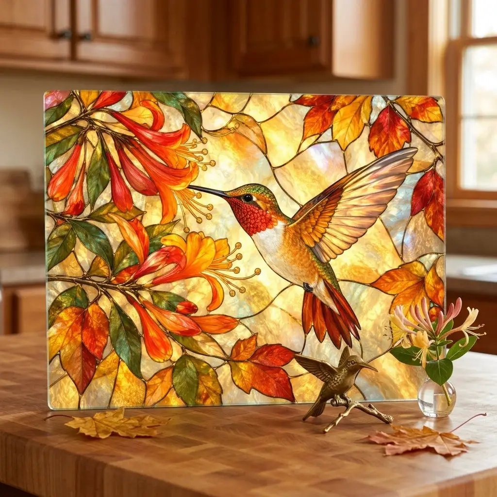 Hummingbird Cutting Board, Stained Glass Hummingbird Decor, Autumn Floral Kitchen Decor, Bird Lover Gift, Fall Hostess Gift