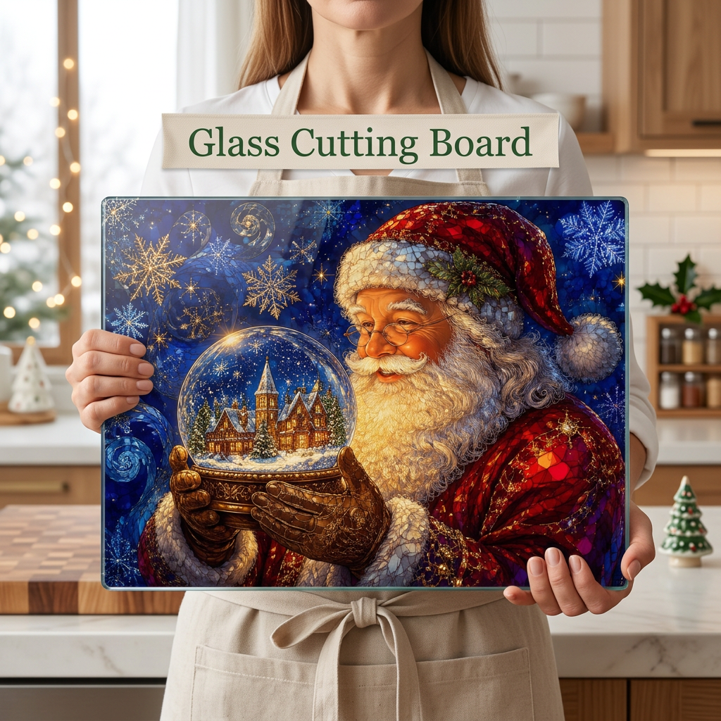Santa Snow Globe Glass Cutting Board, Stained Glass Christmas Decor, Santa Claus Kitchen Gift, Holiday Serving Board, Christmas Gift