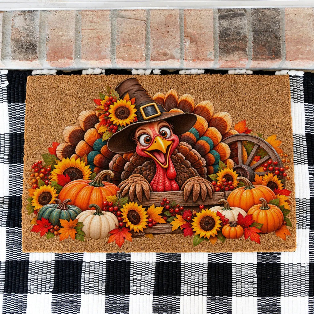 Thanksgiving Turkey Doormat, Funny Turkey Coir Mat, Fall Harvest Welcome Mat, Pumpkin & Sunflower Porch Decor, Thanksgiving Door Mat
