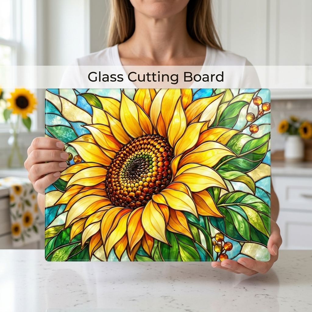 Sunflower Glass Cutting Board, Stained Glass Floral Kitchen Decor, Yellow Flower Chopping Board, Gift for Mom, Housewarming Gift