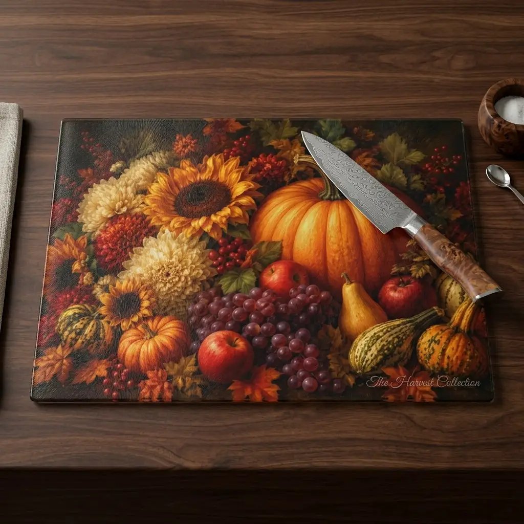 Fall Glass Cutting Board, Pumpkin Sunflower Kitchen Decor, Autumn Harvest Cutting Board, Thanksgiving Kitchen Gift