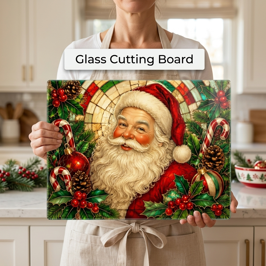 Santa Christmas Glass Cutting Board, Vintage Santa Kitchen Decor, Christmas Cutting Board, Holiday Gift, 10 Designs to Choose From