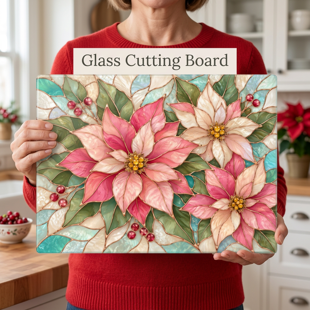 Pink Poinsettia Glass Cutting Board, Christmas Floral Kitchen Decor, Tempered Chopping Board, Holiday Hostess Gift, Serving Board for Home