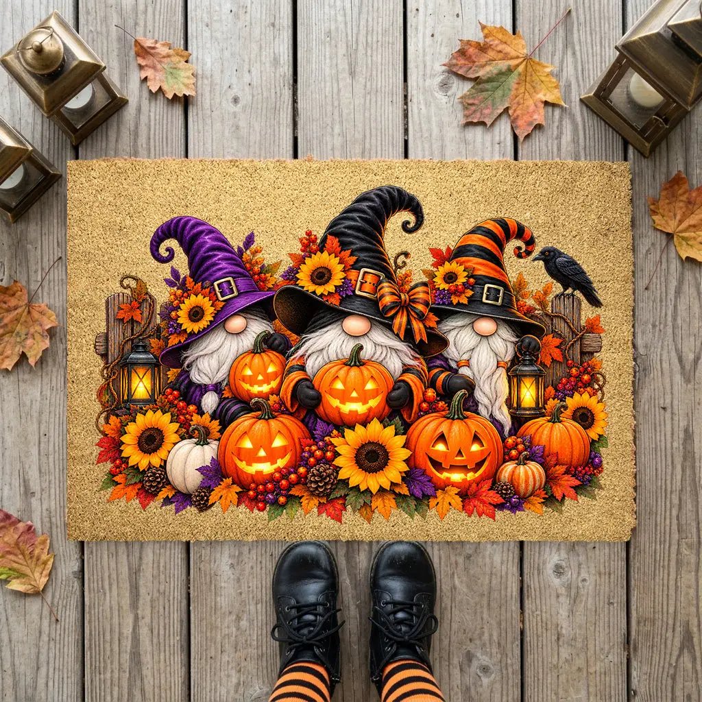 Halloween Gnome Doormat, Witch Gnomes & Pumpkins Coir Mat, Cute Spooky Fall Welcome Mat, Halloween Porch Decor, Autumn Door Mat