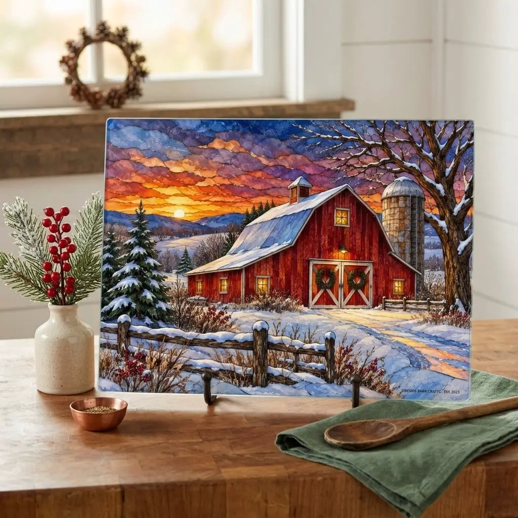 Winter Red Barn Glass Cutting Board, Country Christmas Kitchen Decor, Farmhouse Cutting Board, Rustic Winter Barn Gift